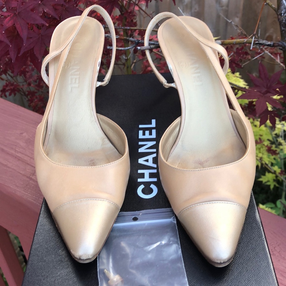 CHANEL brown gold  tan sling back brown shoes,size 36,heels 3.5”not in orig bx